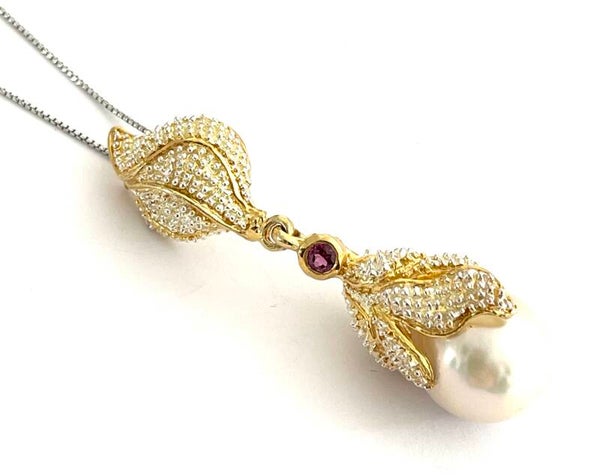 Zilveren hanger met Rhodolite en Pearl