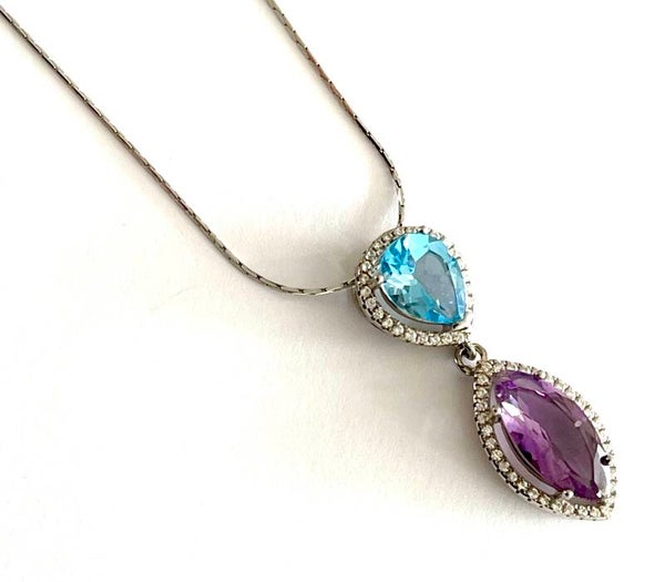 Zilveren hanger met Blue Topaz, Amethyst en Zirconia