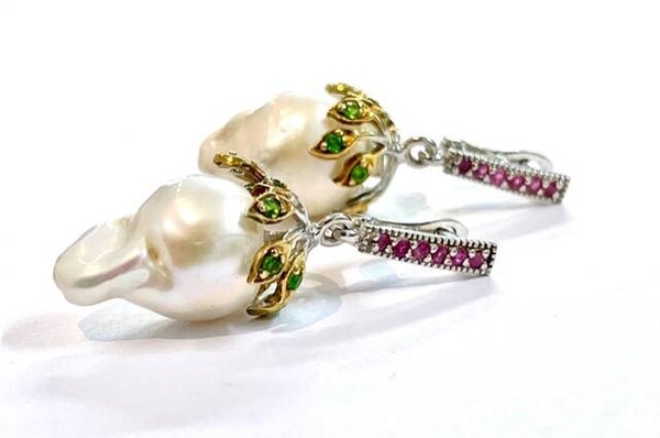 Oorbellen met barok Parels, Chromium diopside en Robijn