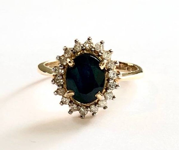 Lady Diana Geelgouden ring met Saffier met Diamant
