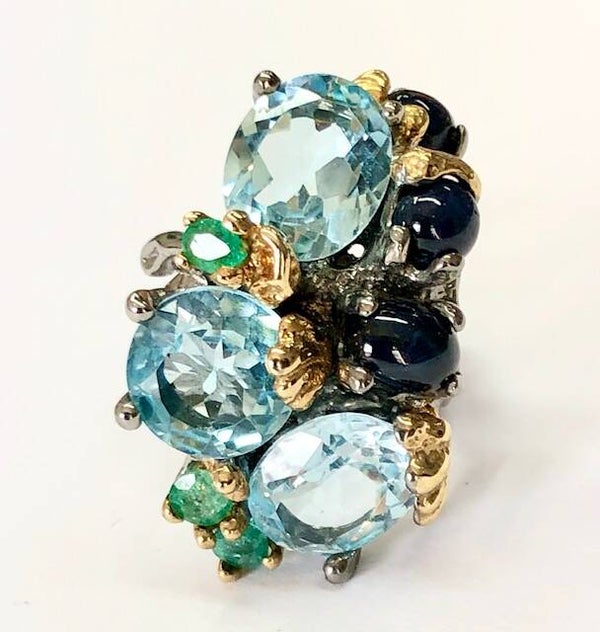 Multicolor ring Zilver met Topaas, Ster Saffier en Smaragd.