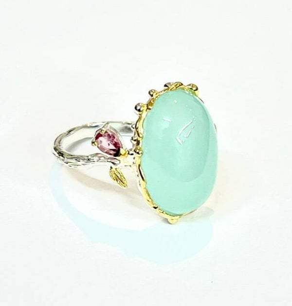 Zilveren ring met Chalcedony en Pink Topaz.