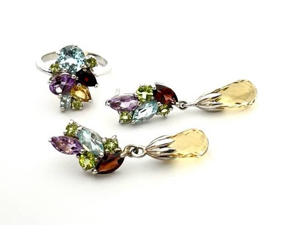 Zilveren Multicolor oorbellen met Peridot, Citrine, Amethyst, Blue Topaz en Rhodolite