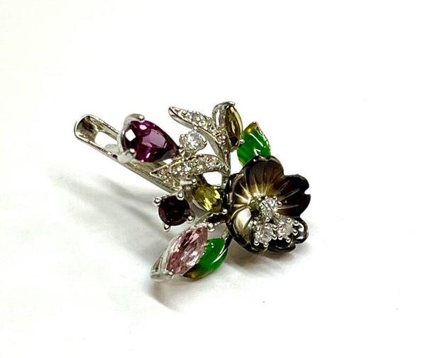 Zilveren bloemen oorbellen met Mother of pearl, Rhodolite, Zirkonia, Tourmaline en Emaille