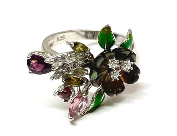 Zilveren bloem ring met Mother of pearl, Rhodolite, Zirkonia, Tourmaline en Emaille