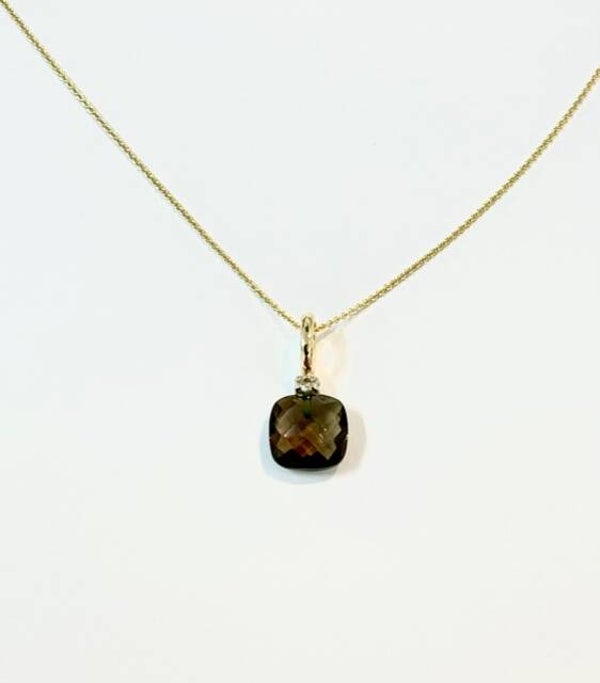 Huggs Hanger Geelgoud met Smokey Quartz en Diamond