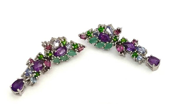 Zilveren Multicolor oorbellen met Amethist, Rhodoliet, Samragd, Chromium Diopside