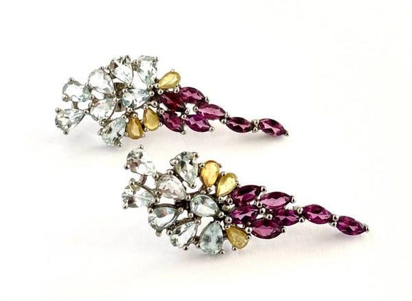 Zilveren oorbellen met Aquamarine, Sapphire en Rhodolite