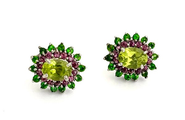 Zilveren oorbellen met Peridot, Chromium Diopsite en Rhodolite