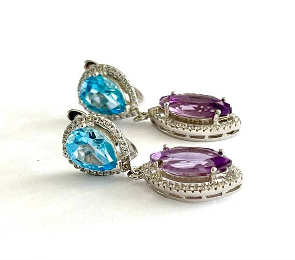 Zilveren oorbellen met Blue Topaz, Amethyst en Zirconia