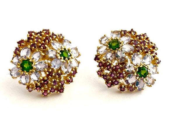 Zilveren oorbellen met amethyst, chromium diopside,rhodolite en tanzanite.