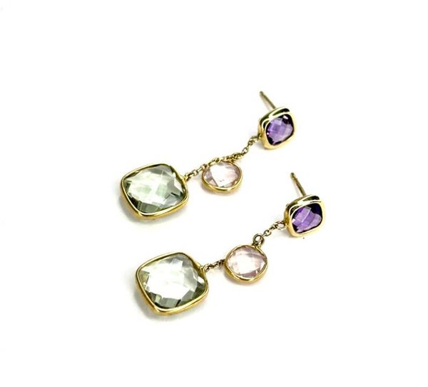 Gouden oorbellen met Amethyst, Rosequartz en Prasiolite