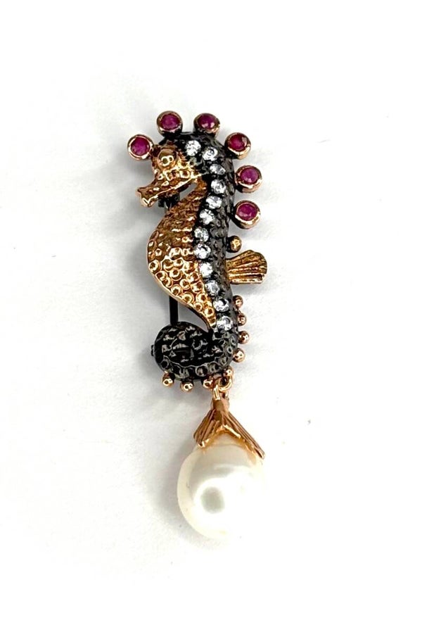 Broche Zilver Zeepaardje met Gemstones