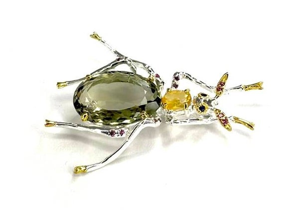 Broche kever zilver met Prasiolite, Citrine, Sapphire en Garnet