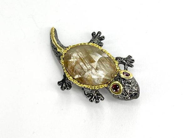 Broche gekko zilver met Maansteen en Granaat
