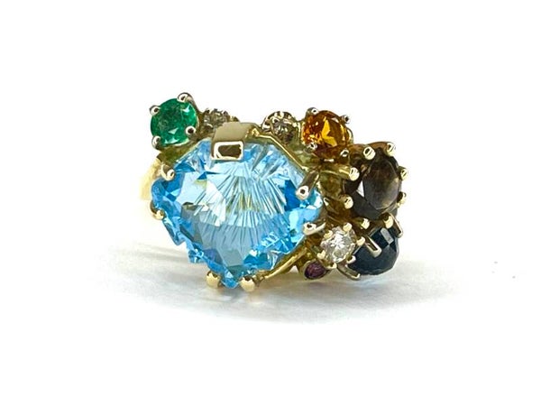 Colors ring Geelgoud met Blue Topaz, Emerald, Smokey Quartz, London Blue Topaz, Citrine, Tourmaline, Amethyst, Ruby en Diamonds