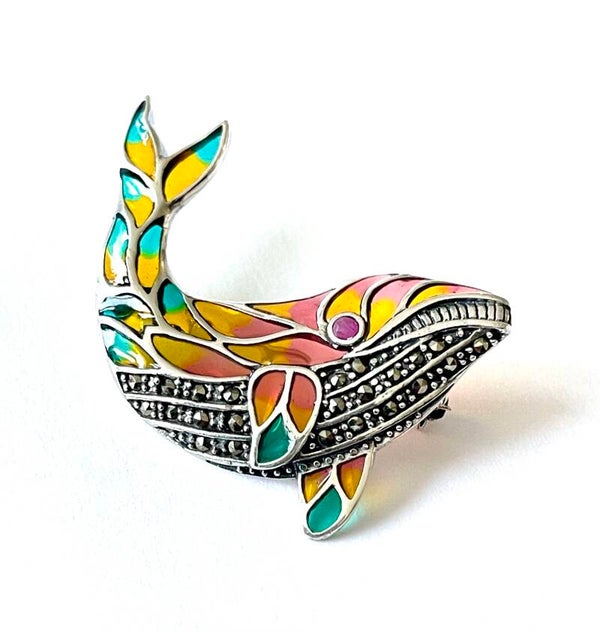 Broche zilver walvis met Enamel en Gemstones