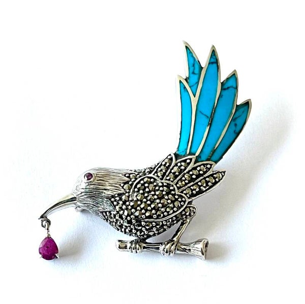Broche zilver vogel met Gemstones