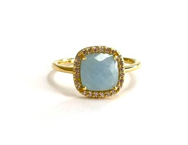 Geelgouden ring met Aquamarine en Zirconia