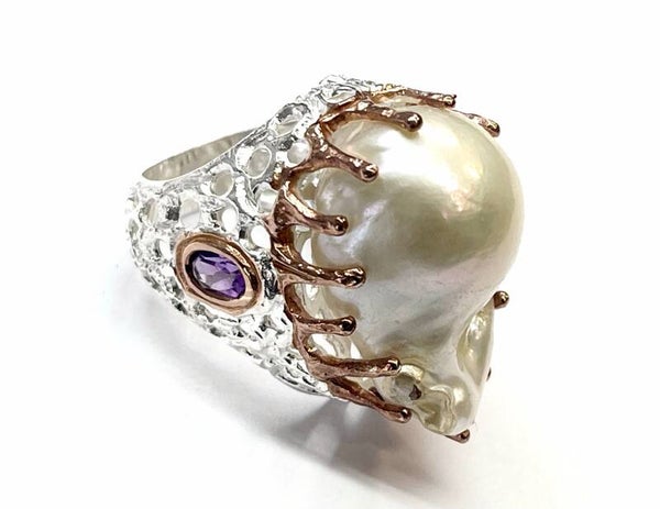 Zilveren ring met Pearl en Amethyst