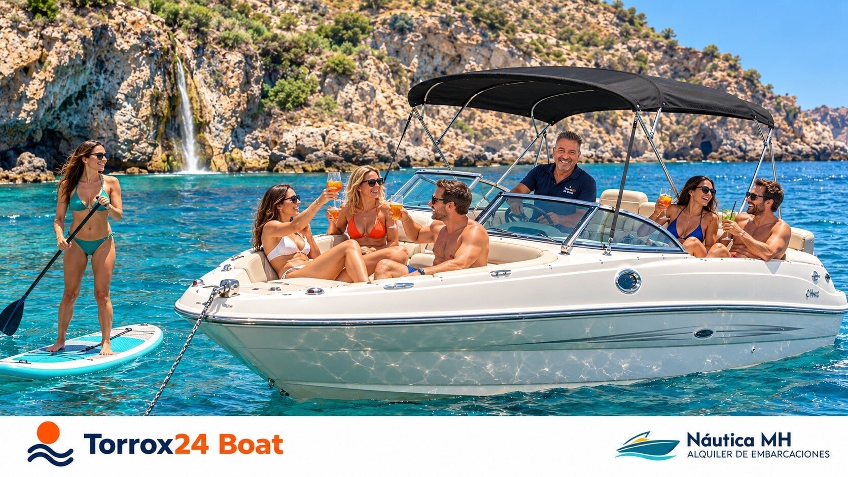 KI-Fotomontage: Oliver als Skipper auf einer Sea Ray 240 vor dem Wasserfall von Maro, mit Urlaubern und einer SUP-Paddlerin – Torrox24 Boat und Náutica MH.