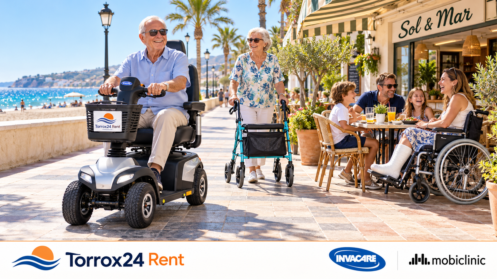 Illustration: Urlaub an der Strandpromenade mit Elektromobil, Rollator und Rollstuhl – Torrox24 Rent.