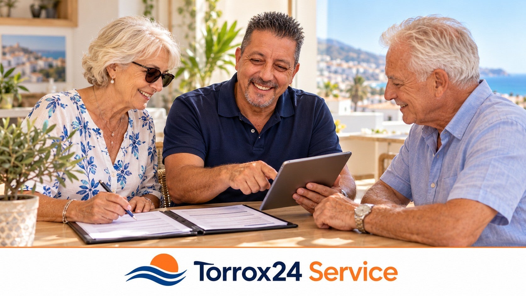 KI-Illustration: Oliver berät ein älteres Paar bei Dokumenten und digitalen Anliegen – Torrox24 Service.