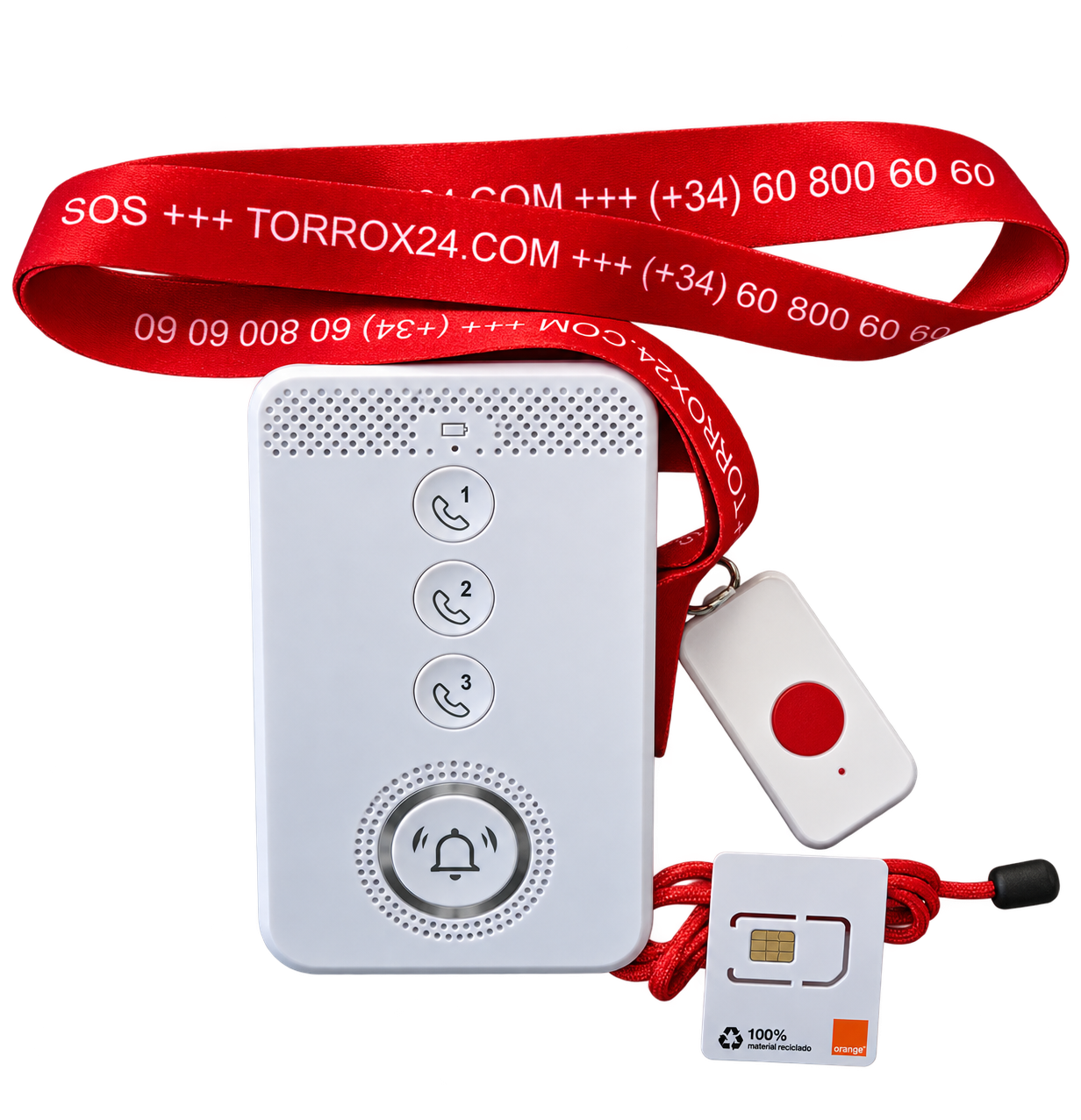 Torrox24 SOS-System mit Hausnotrufgerät, rotem SOS-Knopf, Trageband und SIM-Karte