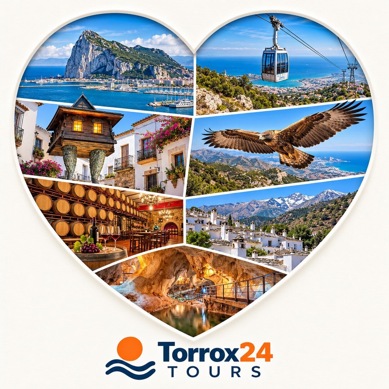 KI-Illustration: Herzcollage mit Gibraltar, der Seilbahn von Benalmádena, Soportújar, einem Greifvogel, Cuatro Vientos, Trevélez und der Cueva del Tesoro – Torrox24 Tours.
