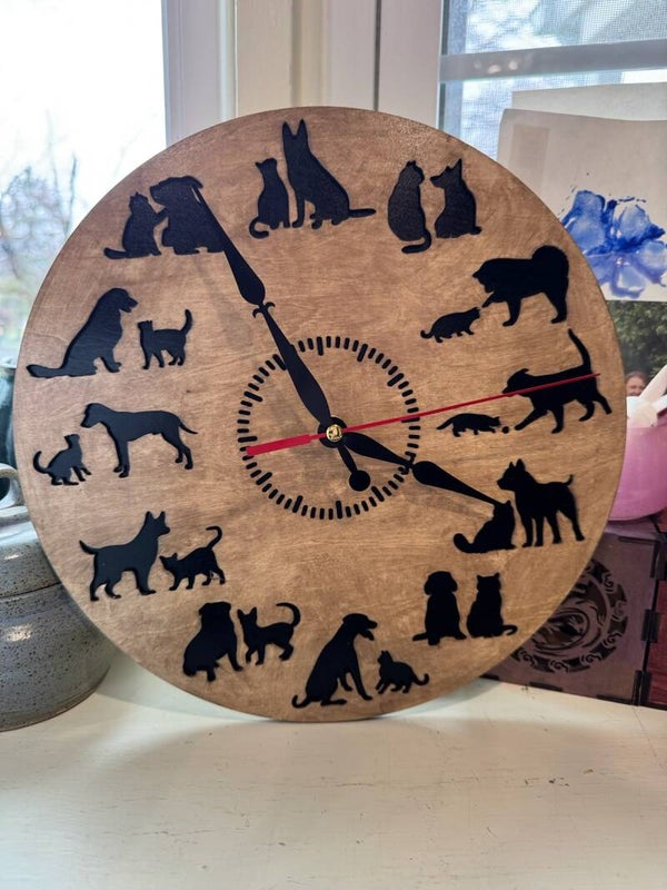 Wooden Stained Dog and Cat Wall Clock