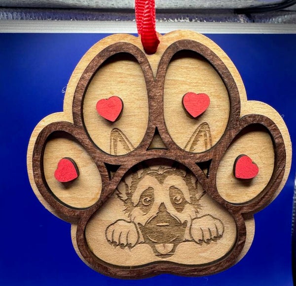 Hand painted / engraved- Wooden Paw Print Dog Ornament