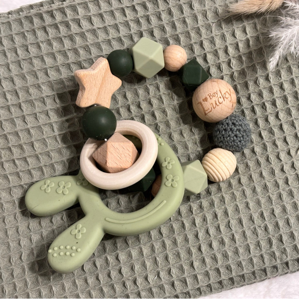 Beiss- und Greiffling aus Silikon und Naturholz Bunny/green