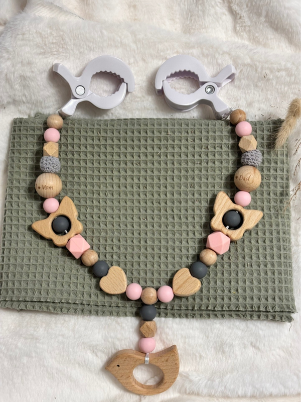 Kinderwagenkette aus Naturholz und Silikon ,, pink''