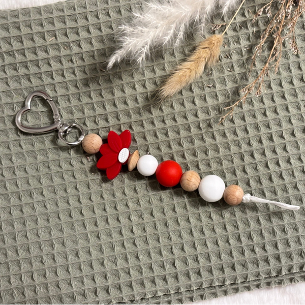 Schlüssel/Rucksackanhänger aus Naturholz und Silikon ,, rote Blume''