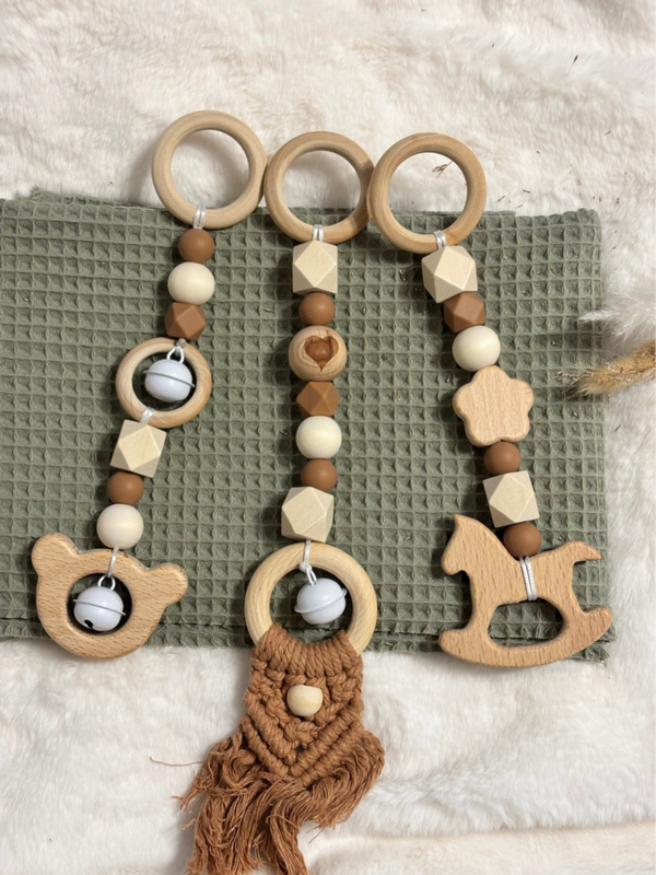 3er Set Spielbogenanhänger Delux aus Naturholz und Silikon ,,beige''