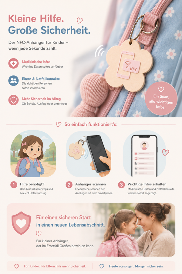Handy ran. Mama dran.® – Personalisierter NFC-Notfallanhänger für Kinder