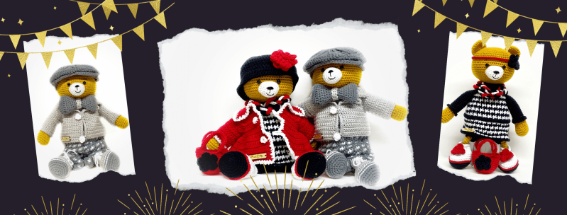 Benny & Beth - The Gatsby 1920s Bears: Crochet Amigurumi Bears! Discover Pixel 2 Mix's digital PDF crochet patterns or printed A5 booklets for this charming duo. Want to crochet just one? You can do that too, with an available PDF crochet pattern or A5 bo