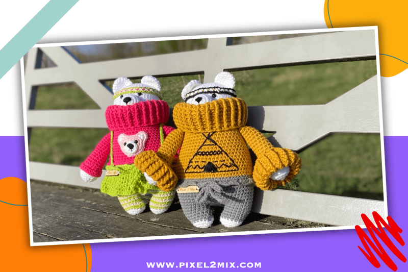 Benito & Bernadette - The Polar Bears: Crochet Amigurumi Bears! Discover Pixel 2 Mix's digital PDF crochet patterns or printed A5 booklets for this colorful duo. Want to crochet just one? You can do that too, with a PDF pattern or A5 booklet available. De