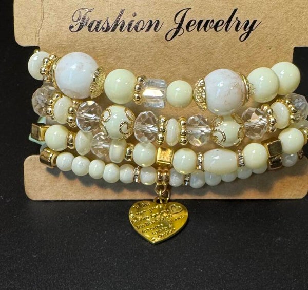Elegant Gold and Cream Beaded Bracelet Set