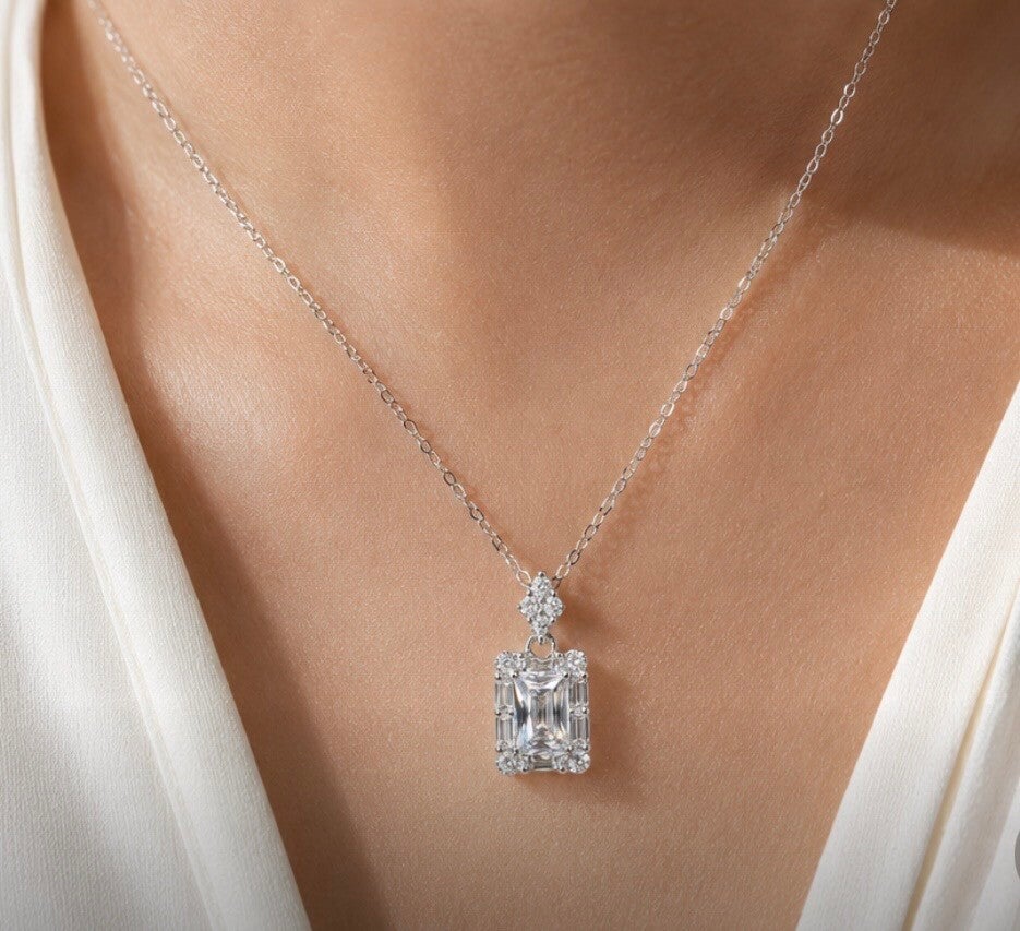 Elegant 16” Sterling Silver Moissanite Diamond Pendant Necklace