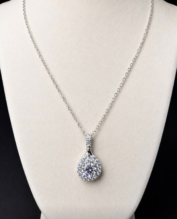 Sparkling Sterling  Silver 2 Carat Teardrop Moissanite Necklace with Blue Crystals