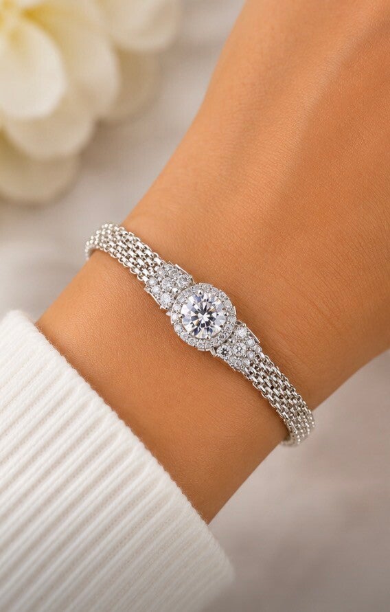 Elegant Sterling Silver Moissanite Diamond Bracelet with Crystal Accents