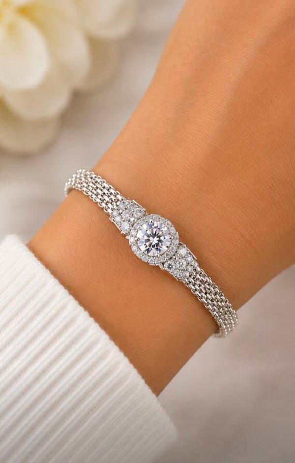 Elegant Sterling Silver Moissanite Diamond Bracelet with Crystal Accents