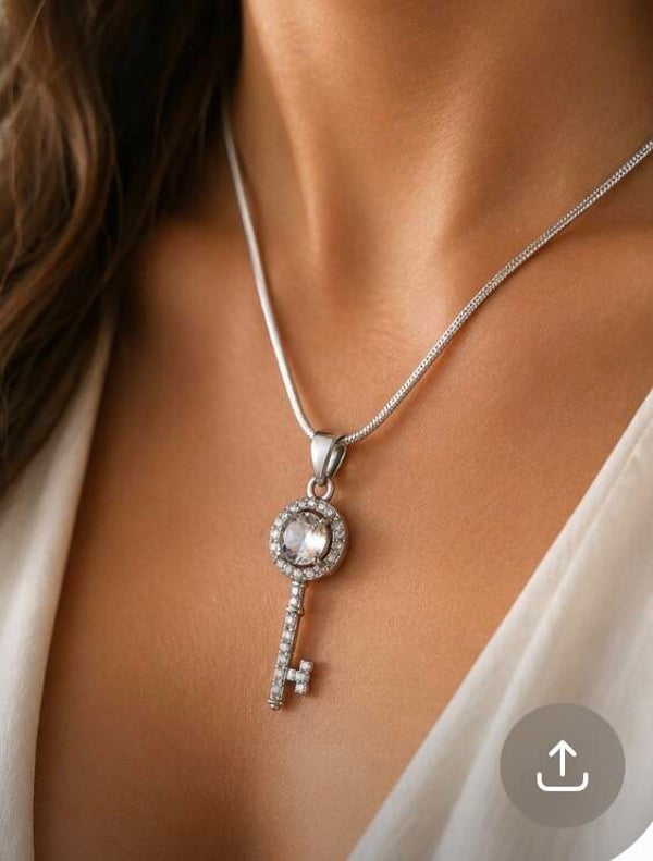 Elegant 18” Sterling Silver Key with a Moissanite Diamond Pendant Necklace