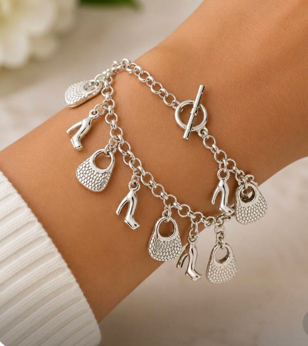 Sterling Silver Plated Charm Bracelet with Shoe and Bag Charms