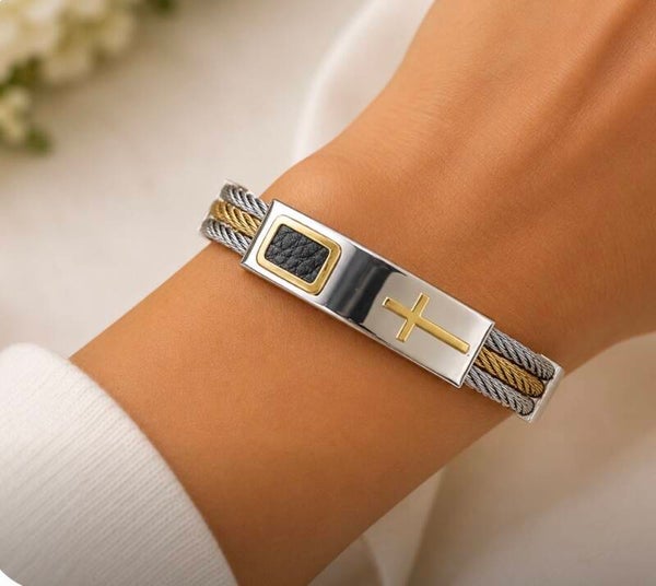 Gold and Silver Stainless Steel Bracelet with Cross Design