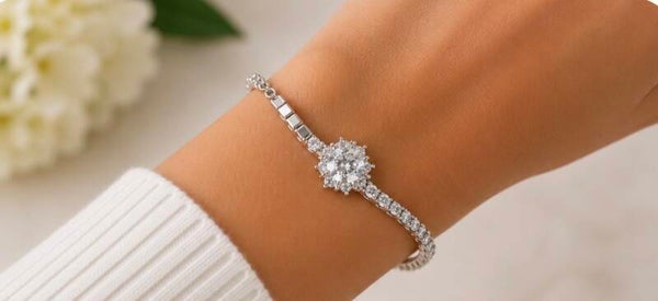 Elegant Sterling Silver Bracelet with Moissanite Diamond Accents. Size 8”