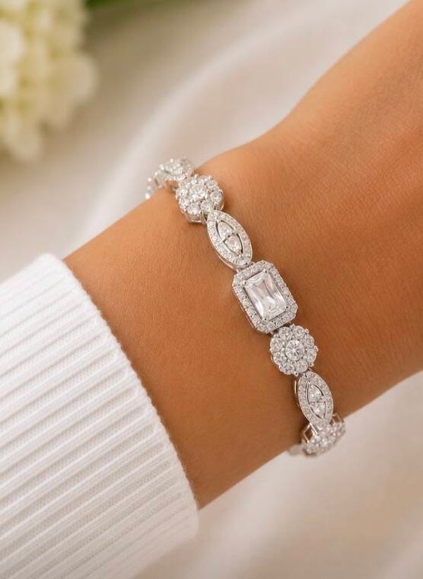 B- Elegant Sterling Silver Bracelet with Cubic Zirconia Diamonds and Accents