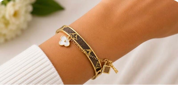 Gold and Brown Bracelet with White Flower Charm