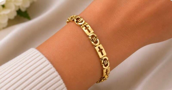 Gold Stainless Steel Link Bracelet with Cross Design